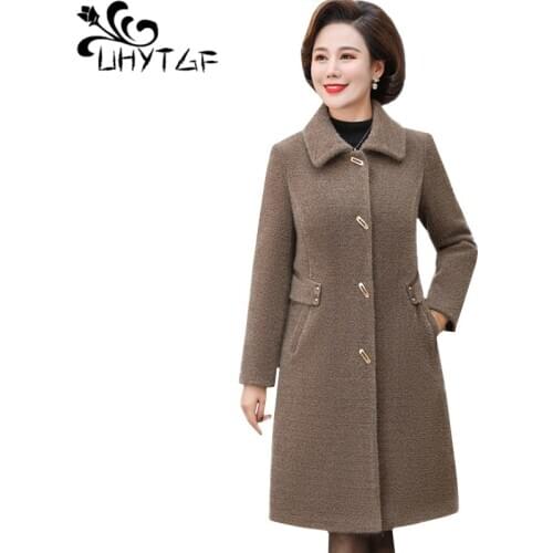 UHYTGF Coat Female Quality Winter Woolen Jacket Mid-length Loose 5XL Plus size top Solid color Wild Elegant Women Outerwear 1294