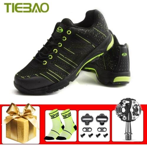 TIEBAO Unisex Cycling Shoes Breathable Self-locking Mountain Bike Sneakers Rubber Non-slip Mtb Shoes Add SPD Pedals Racing Sport