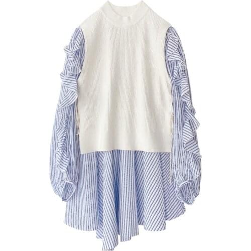 Japan Style Long Sleeve Irregular Mini Dress Wooden Ears Egde Sweet Vestidos Mujer + Simple Solid Casual Loose Sweater Set