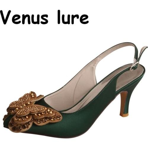 Woman Shoes with Bows Thick Heel Dark Green Slingback Pumps 7.5CM Heel