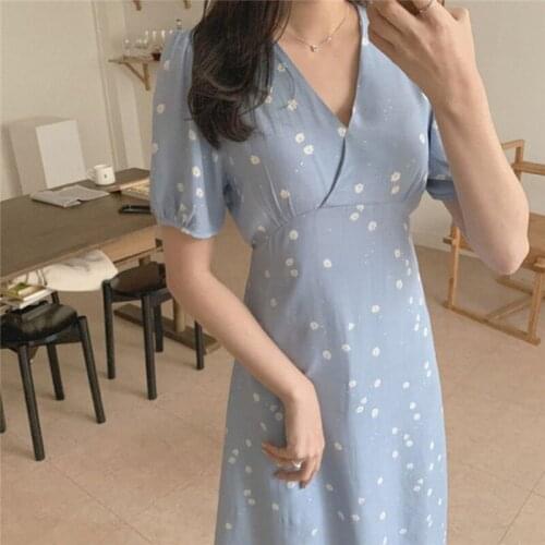 GOOHOJIO New Womens Summer Dress V-Neck Puff Sleeve One Piece Casual Print Floral High Waist Fashionable Lace Up Long Dresses