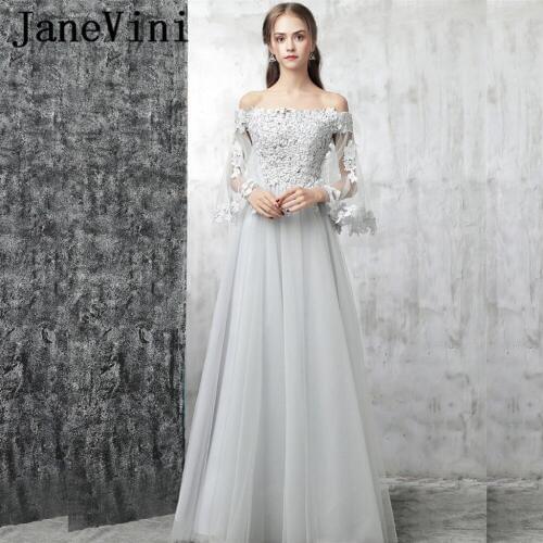 JaneVini Light Gray Long Bridesmaid Dresses 2018 Chic A-Line Tulle Lace Appliques Beading Backless Women Wedding Party Dresses