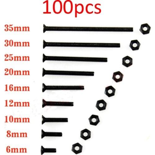 100pcs M2 Countersunk Head Black Screws w Nuts 6mm/8mm/10mm/12mm/16mm/20mm/25mm/30mm/35mm for RC Tamiya Mini 4WD Car DIY Parts