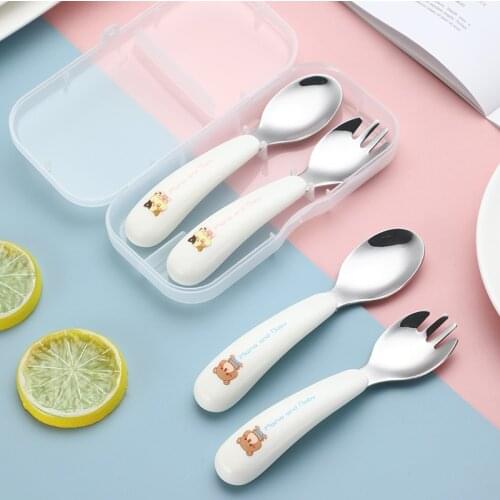 2Pcs/Set Baby Tableware Set Infant Food Feeding Spoon Fork Gadgets 304 Stainless Steel BPA Free Toddler Dinnerware Cutlery Gift