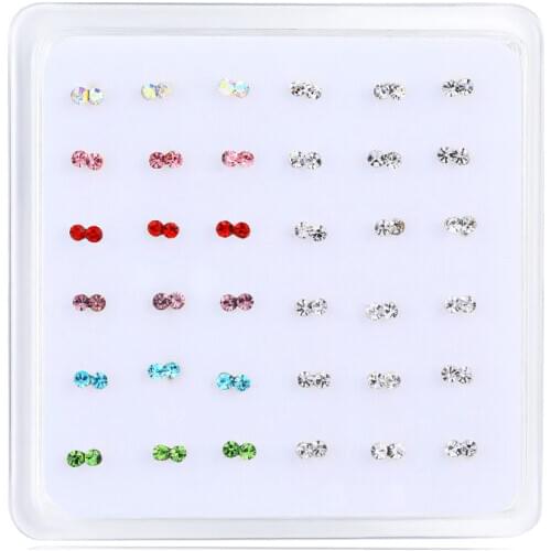 36pcs/set clear crystal 925 sterling silver nose rings & studs women piercing body jewelry Mixed Color Earings party Wholesale