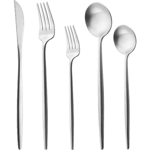 5Pcs Matte Round Handle Silver 18/10 Stainless Steel Cutlery Set Knife Dseert Fork Spoon Tableware Dinnerware Flatware Set