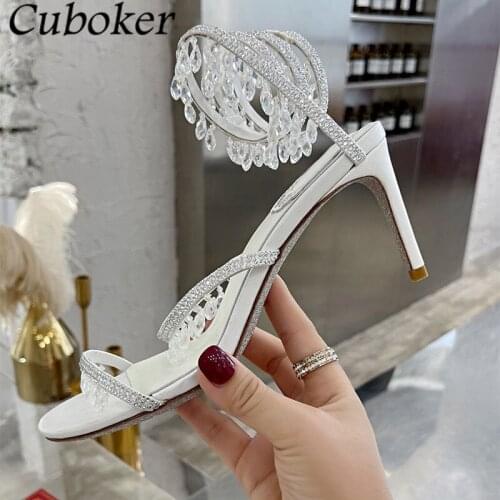 Brand Designer High Heel Women Crystal Sandals Peep Toe Ankle Strap Rhinestone Decor Bling Party Dress Shoes For Women