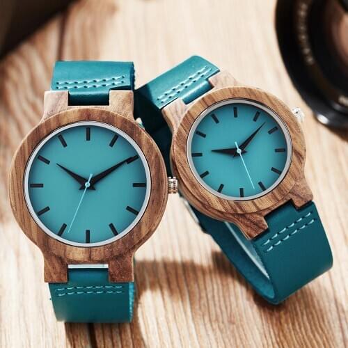 Top Luxury Royal Blue Wood Watch Quartz Wristwatch Natural Bamboo Clock Fashion Leather Valentines Day Best Gifts