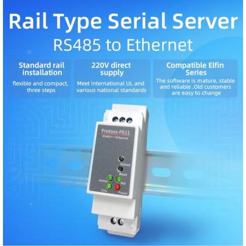 DIN-Rail Serial Port RS485 to Ethernet Converter Server Protoss-PE11 Support Modbus TCP RTU