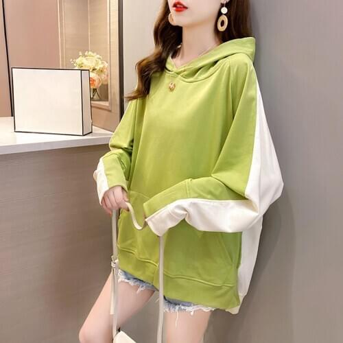 Women Loose Long Sleeve Color Block Hooded Hoodie Pullover Blouse Streetwear
