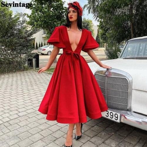Sevintage Red Tea-Length Prom Dresses Short Puffy Sleeves Evening Gowns Sashes Sexy V-Neck A Line Formal Party Dress Plus Size