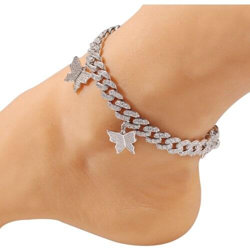 New Hip Hop Jewelry for Gift Fashion Charm Iced Out 9mm Cuban Bracelet with Butterfly Mini Ankle Pink Cz Punk Miami Link Bling