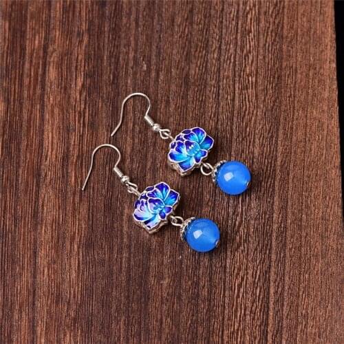 Charm Flower Blue Jade Round Stone Dangle Earrings For Women Wedding Classic Retro Ethnic Jewelry Vintage Fashion Drop Earrings