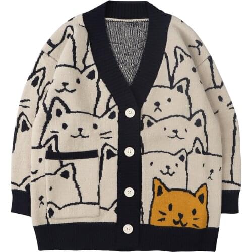 LACIBLE Harajuku Cartoon Cat Print Cardigan Sweater Men Streetwear Pattern Knitwear Fashion Casual Knitted Jacket Women Unisex