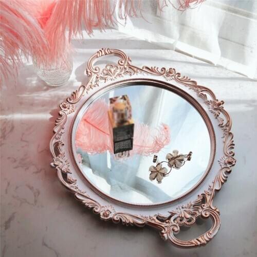 Retro Carved Mirror Tray French Luxury Golden Round Tea Tray Cosmetics Jewelry Set Up Photography Props Modern Home Decoration