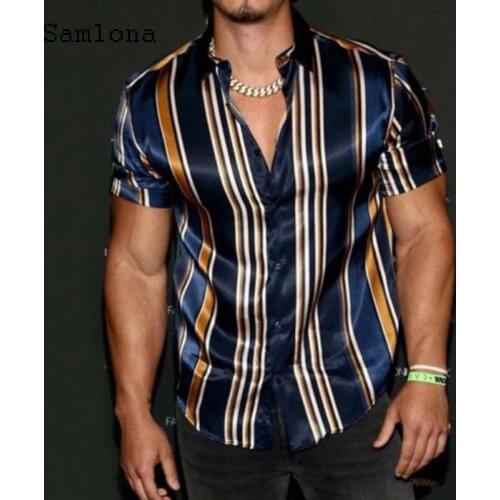 Samlona 2021 Summer Elegant Fashion Stripes Shirt Men Lapel Neck Loose Single Breasted Shirts Blouse Streetwear Sexy Men Clothes