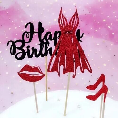 Happy Birthday Paper Cake Topper Red Skirt High Heels Sexy Queen Cake Topper for Girl Birthday Party Cupcake Decoration Supplies