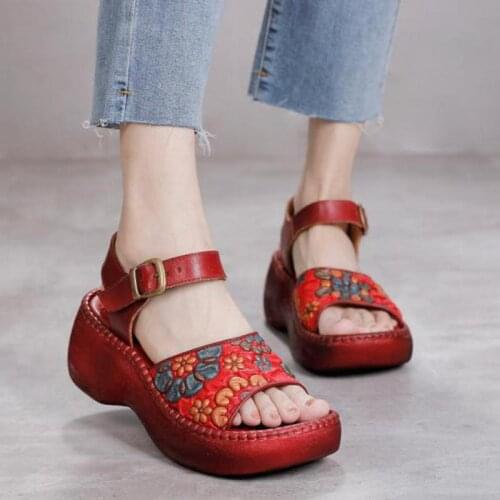 Floral Platform Sandals Genuine Leather Buckle Strap Retro Women Shoes 2021 Summer Print Wedges Handmade Concise Ladies Sandals