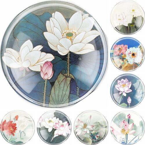 Handmade 6 Size Glass lotus Flower Flatback Cameo Cabochon Domed DIY Jewelry Charm Photo Pendant Setting