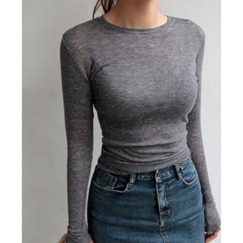 High Quality Plain T Shirt Women Cotton Elastic Basic T-shirts Female Casual Tops Long Sleeve Sexy Thin T-shirt see through