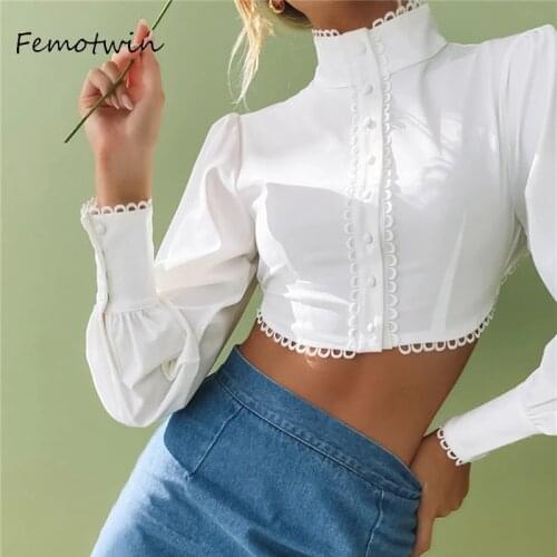 Femotwin Women Sexy White Blouse Turtleneck Puff Long Sleeve Lace Up Thin Tops Shirts Fashion Chic Office Lady Autumn Shirts
