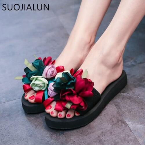 SUOJIALUN 2019 Summer Woman Shoes Women Flower Flip Flops Shoes Slippers Outside Sandals Mujer Beach Flats Slides Sandals