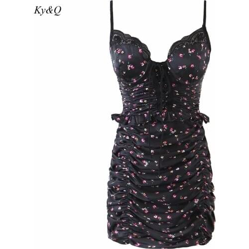 2021 Summer Lace Splicing Floral Sexy Suspender Dress Women Black Sleeveless Bandage Ruffled High Waist Dresses Clothes Female