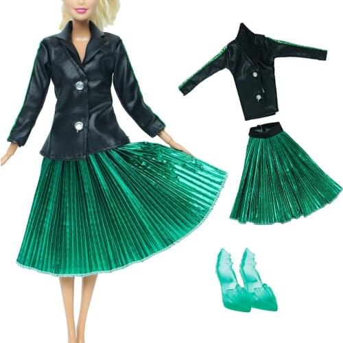 2 Pcs/Set 1 Doll Outfit Elegant Blouse Coat Green Pleated Skirt 1 Princess High Heels Shoes Clothes for Barbie Doll Accessories