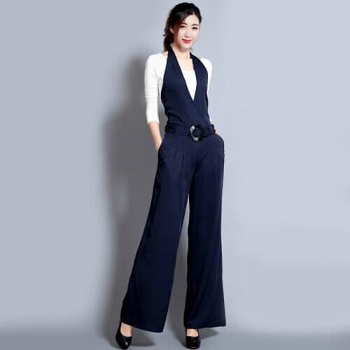 2018 spring new fashion woman casual trousers black slim jumpsuit wide leg pants hanging neck bib jumpsuit ladies/Jumpsuits