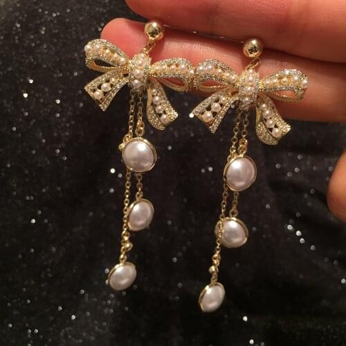 Bilincolor Golden White Pearl Long Tassel Earring for Women Fashion Jewelry