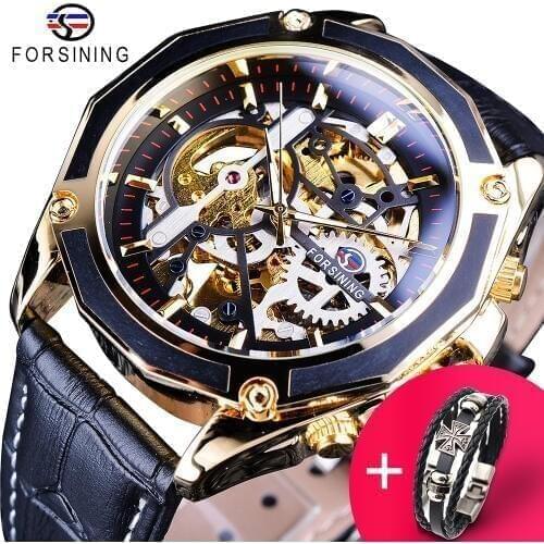 Forsining Watch +Bracelet Set Combinatin Transparent Self-Winding Watches Automatic Man Clock Skeleton Watches Top Brand Luxury