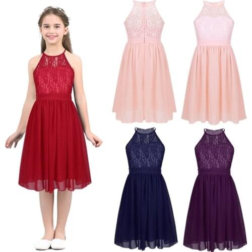 Kid Flower Girls Dress for Birthday Wedding Evening Children Halter Neck Lace Chiffon Princess Formal Party Kids Dress For Girls