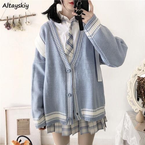 Cardigan Women Striped Retro Classic Preppy Style Japanese Student Sweater All-match Oversize Kawaii Fashion Girls Chic Knit Top