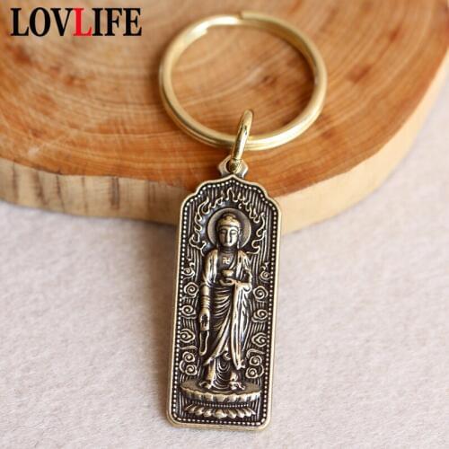 Brass Six Words Mantra Buddha Tag Keychains Small Copper Bag Hanging Pendant Retro Car Keyring Gifts