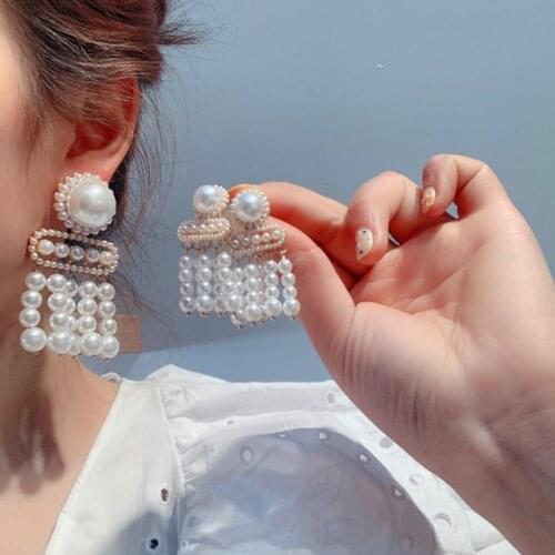 LOVOACC Hyperbole Imitation Pearl Tassel Earrings for Women Sweet Gold Color Alloy Geometric Large Drop Earrings Bridal Jewelry