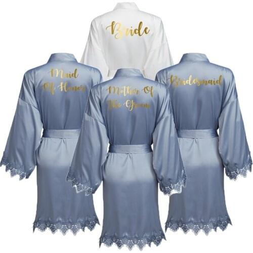 Matt Satin Lace Robe Bride Robes Bridesmaid Kimono Robe Bridal Robes Wedding Gown Dusty Blue Bridesmaid Robes Bathrobe
