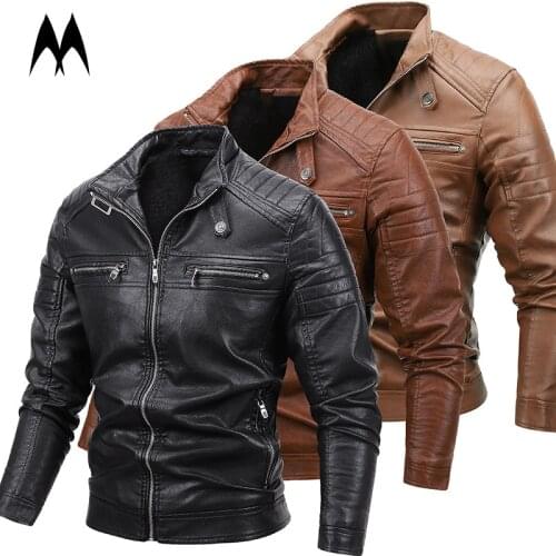 Winter Hot Sale Mens Bomber Leather Jackets Motorcycle Stand Collar Pockets Men Biker PU Coats Fashion Warm Outerwear 2021