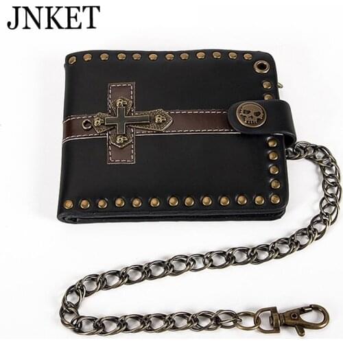 JNKET Punk Mens Short Wallet Crucifix Skull Wallet PU Leather Wallet Money Clip Folding Clutch Wallet Detachable Metal Chain