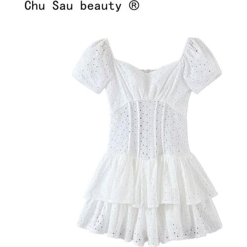 New Fashion French Style Floral Embroidery Cotton Mini Dress Women Summer Sweet Chic Layered Ruffle Dresses Female