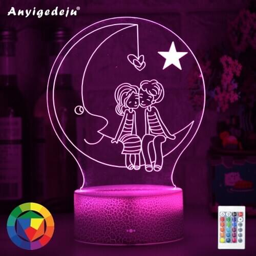 New Romantic Love 3D Lamp Heart-shaped Moon Acrylic LED Night Light Decorative Table Lamp Valentines Day Sweetheart Wifes Gift