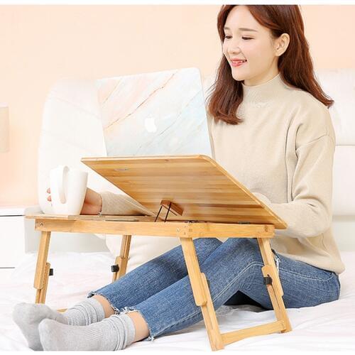 Bamboo Lifting Laptop Table Foldable Breakfast Serving Bed Tray Portable Lap Desk with Adjustable Leg and Drawer for Home Office
