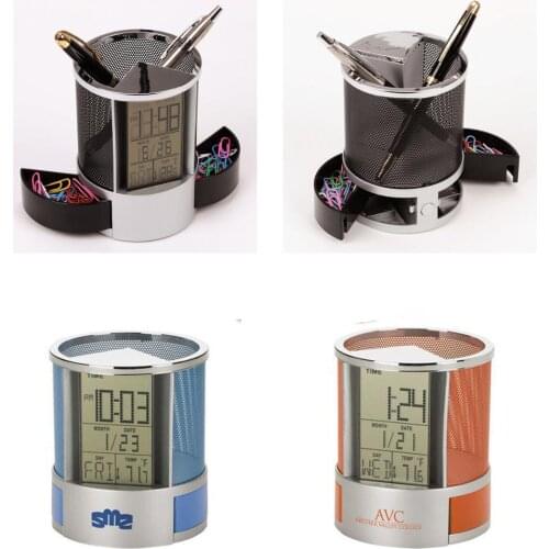 Stainless steel mesh electronic pen clock multifunctional perpetual calendar promotion office storage gift timing pen clock