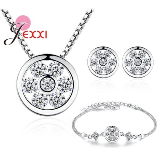 Chic Korean Grace Lady Jewelry Sets 925 Sterling Silver Austrian Crytsal Paved Flower Earring Bracelet Necklace Bridal Accessory