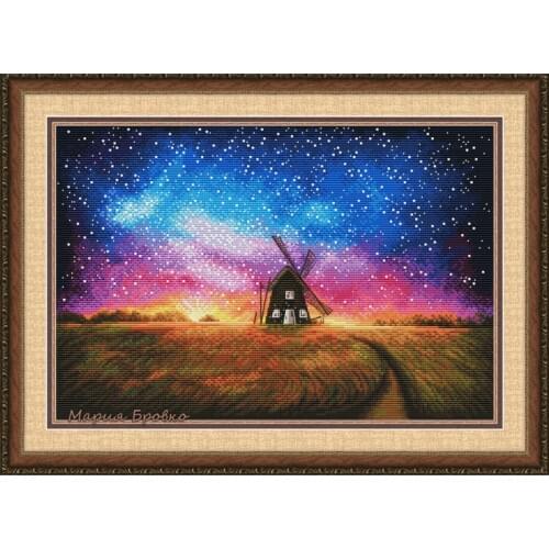 Top Quality Lovely Cute Counted Cross Stitch Kit Windmill And Sunset Landscape Field Fantasy Aurora Night Sky With Stars 10704