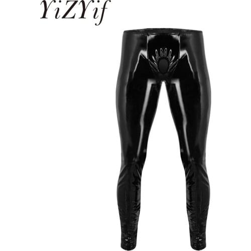 YiZYiF 2018 Fashion Sexy Mens Shiny PU Leather Skinny Pants Clubwear Legging Lingerie Long Tight Trousers with Open Penis Hole