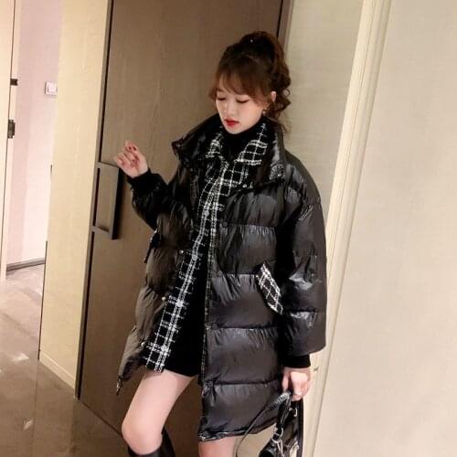 Woman Jacket Parkas Coat Black Cotton-Padded Clothes Female Winter Loose Plaid Stitching Veste Femme