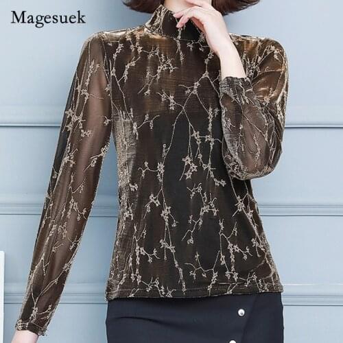 Vintage Bright Silk Half High Collar Blouse Autumn 2021 Mesh Long Sleeve T-shirt Women Elegant Sexy Splicing Shirt Blusa 16727