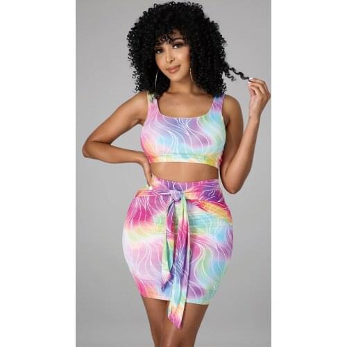 Gradient Wave Striped Print 2 Two Piece Matching Set Women Sleeveless Tank Crop Top and High Waist Tied Up Mini Skirt Vintage