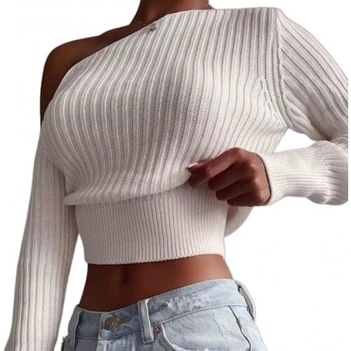2021 New Autumn Winter Women Sexy Off Shoulder Sweater Solid Color Long Sleeve Ribbed Knitted Pullover