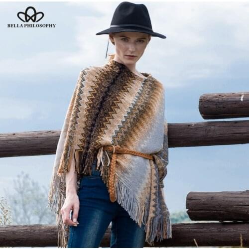 Bella Philosophy 2018 women autumn winter new tribal ethnic knitted pullovers poncho sweater women Vintage khaki gary jumper